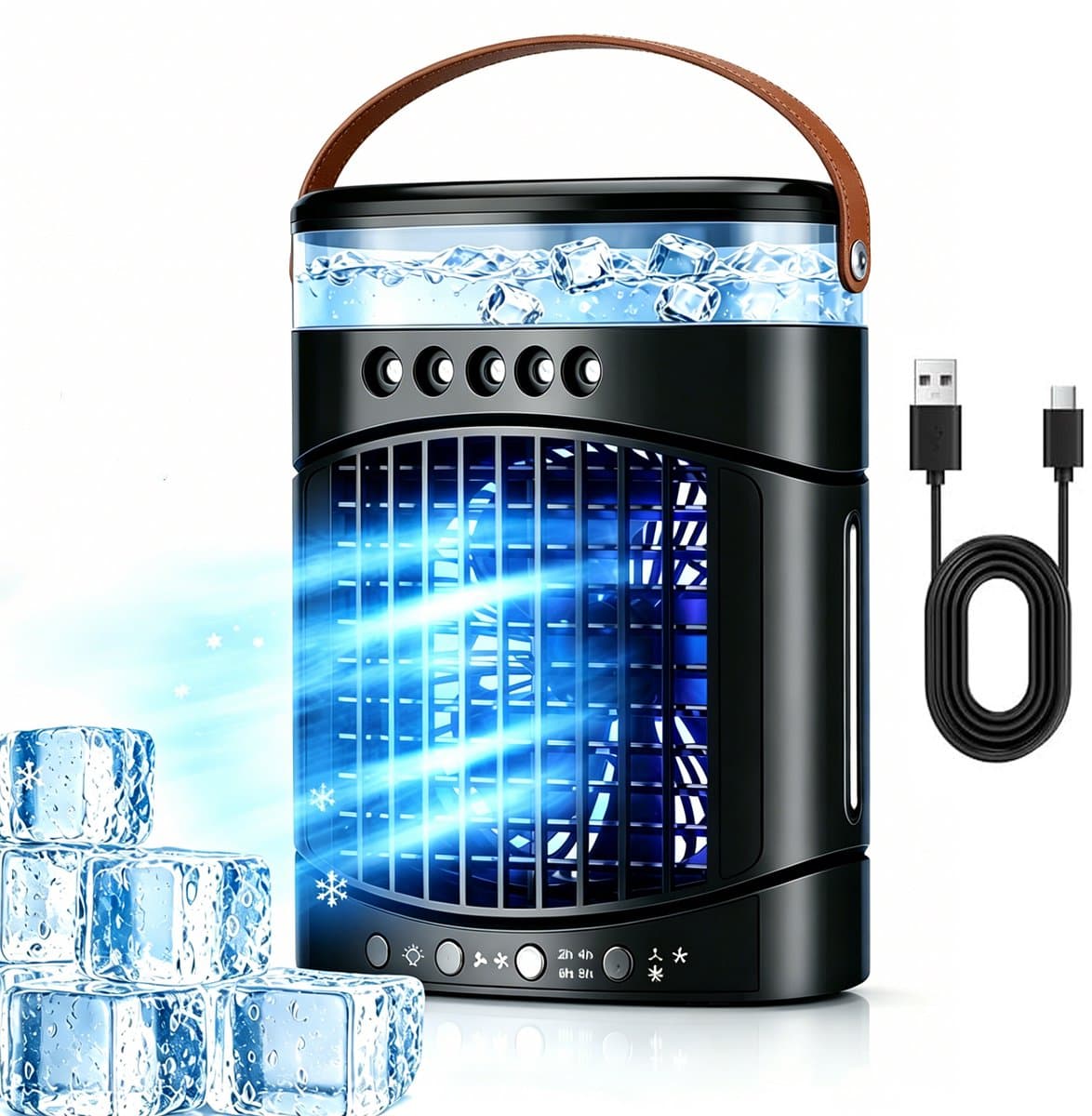 KZQ Draagbare Airco Met 3 Snelheden En 2 Miststanden - Snelle Koeling Met 600ml Watertank 2 4 6 8 Uur Timer En Led Verlichting - Mini verdampingskoeler Voor Slaapkamer Kantoor Kamperen Auto En Camper - Zwart — afbeelding 1
