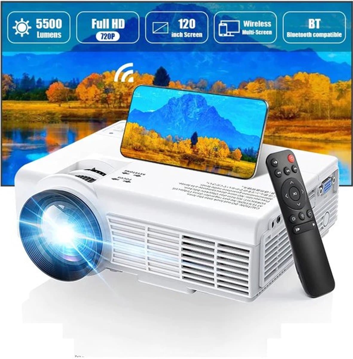 Yowhick - Beamer - Projector Beamer - Mini Meamer - 1080P - Automatische focus - met WiFi - 5G+2.4G Wireless Connection - Wit — afbeelding 1