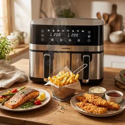 Heinner Dubbele Heteluchtfriteuse – 1700W – 8,6L Totale Capaciteit – 5,3L + 3,3L Manden – Digitaal Display – Touchbediening – 8 Programma’s – SYNC & MATCH – Grijs/Zilver — thumbnail 5