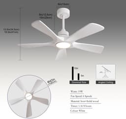 COVREO Plafondventilator met verlichting 42 inch wit, 5 houten bladen, 6 snelheden, afstandsbediening — thumbnail 3
