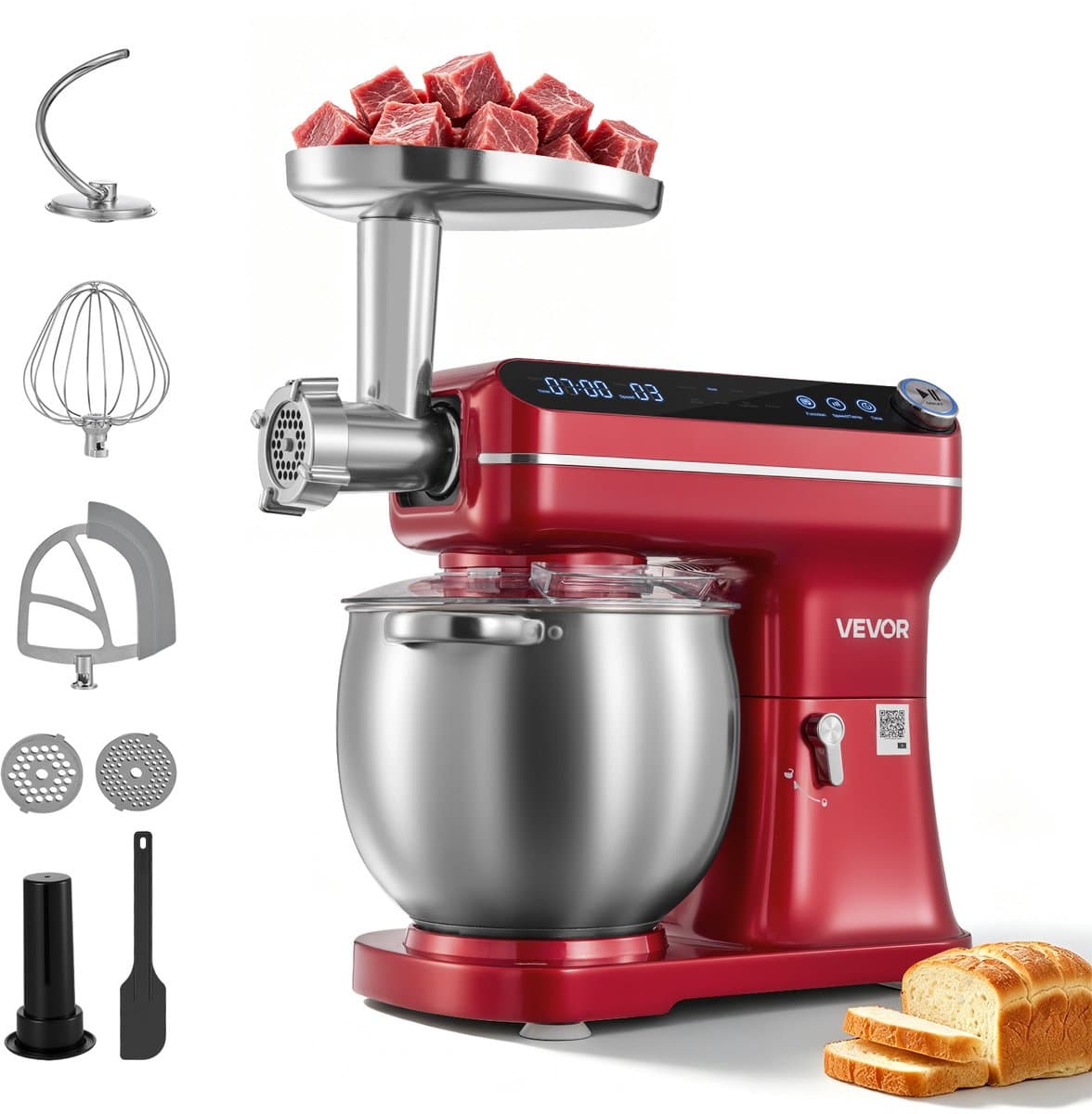 VEVOR Multifunctionele Keukenmachine met Kantelbare Kop 7 liter 2-in-1 1000 W Rood, Mixer voor Deeg, Room, Beslag en Vlees, Kneedmachine met Mengkom, Deeghaak, Klopper en Garde — afbeelding 1