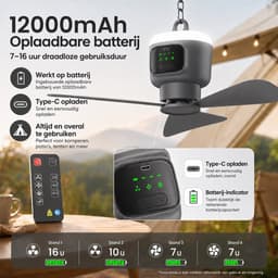 Lapamax Camping Plafondventilator met LED Verlichting Ø 45 cm- 12000mAh Oplaadbare Accu - 4 Snelheden & 3 Lichtstanden-Afstandsbediening en Timer - Afneembare Bladen - Tent, Camper en Overkapping - Grijs — thumbnail 3