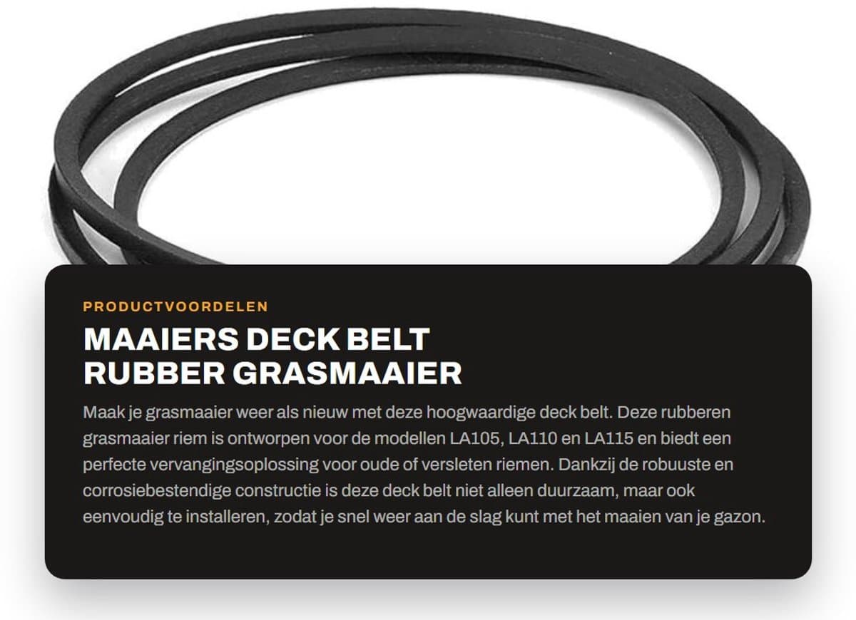 Dailygoods- Deck Belt Vervanging - Rubber - Geschikt voor John Deere LA105/LA110/LA115 - Duurzaam - Eenvoudige installatie - Afmetingen 1,27 x 261,6 cm - Grasmaaierband — afbeelding 1