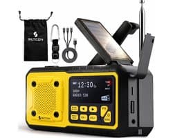 Siltcon® Noodradio Solar Opwindbaar - Solar Powerbank - 5000mAh - Radio DAB+/FM - Radio Noodpakket & Kamperen - Bluetooth + AUX - USB-A - USB-C - Zaklamp + SOS - Weeralarm - Thermometer - Compass - Incl. Oplaadkabels Telefoon & Waterdichte opberghoes