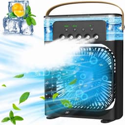 Deze 4-in-1 draagbare airconditioner combineert airconditioning, een ventilator, drie ventilatorsnelheden, een timer, een luchtbevochtiger (600 ml waterreservoir), USB-opladen, een luchtkoeler en een stille modus – in het zwart. — thumbnail 1