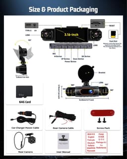 Dashcam voor auto - Zwart - 3,16 inch IPS-scherm - 4 Kamera's 1080p HD Groothoek - 24-uurs Bewaking en Achteruitrijfunctie — thumbnail 5