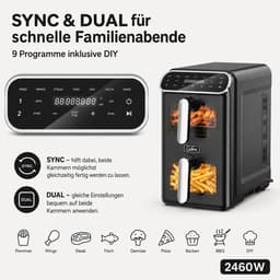 Heteluchtfriteuse - Airfryer Dubbele Kamer - Gezond Koken - Twee Kamers - 11 Liter - Zwart — thumbnail 2
