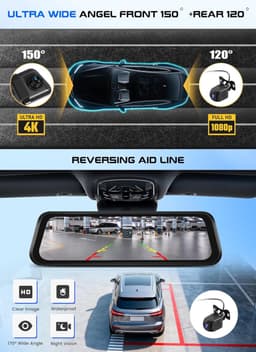 Thijox - CAMECHO Spiegel-dashcam met Achteruitrijcamera, 9,66 Inch Full HD 4K, Dubbele Dashcamspiegel voor en Achter, Super Nachtzicht, G-sensor, GPS, — thumbnail 2