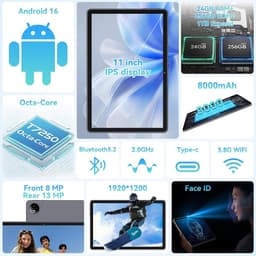 SnelShoppen - 11 Inch Tablet Android 16 Octa-Core 24GB RAM 256GB ROM 1TB 1920x1200 FHD IPS Scherm GPS Bluetooth 5.2 Wifi Grey — thumbnail 2