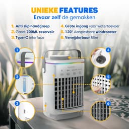 Vulpes Goods® Tech - Mini Airco PRO - Mobiele Airco - Luchtkoeler 4in1 - Aircooler - Tafelventilator - 4 windsnelheden, 2 luchtbevochtingsstanden & timer - Lekvrij - Wit — thumbnail 5