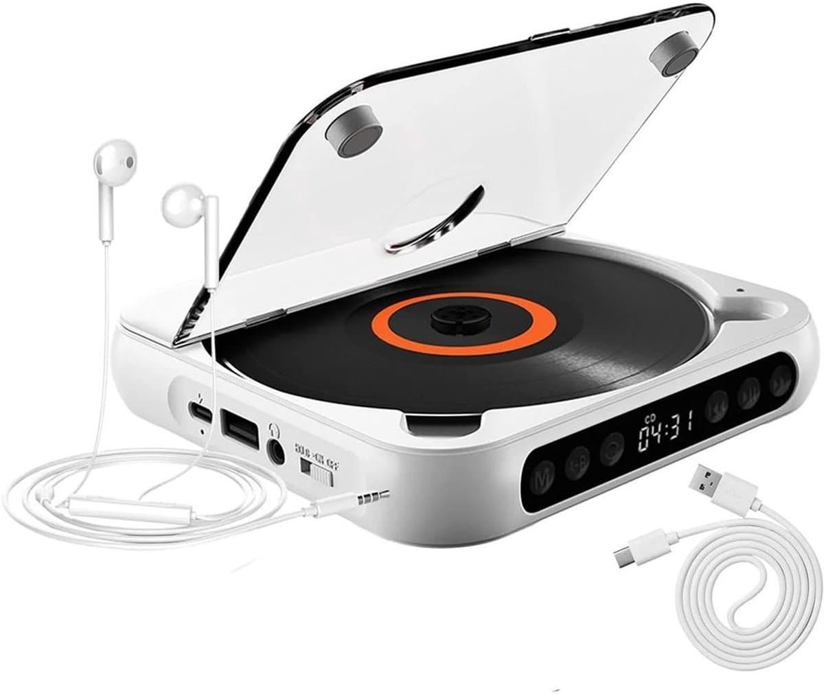 Draagbare Bluetooth-cd-speler met USB-C-snelladen – ultradun en compact – geschikt voor op reis en thuisgebruik – wit — afbeelding 1