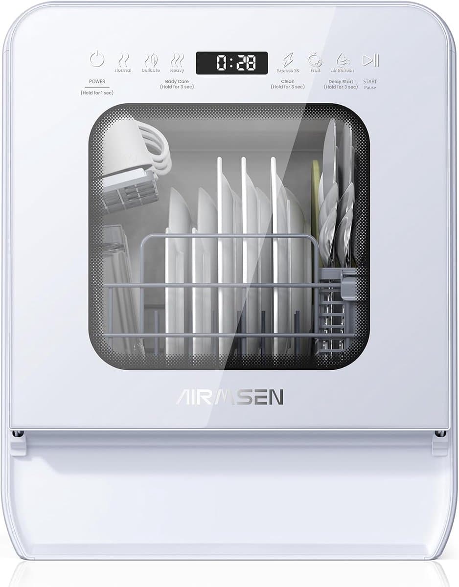 AIRMSEN Mini Vaatwasser - Watertank 5L - 9 Programma's - 4 Couverts - (37x45 cm) - 24u Startuitstel - Wit — afbeelding 1