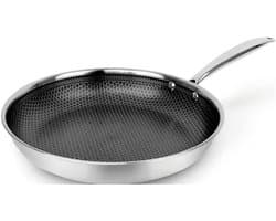 Driedubbele roestvrijstalen pan - De koekenpan met antiaanbaklaag is geschikt voor alle soorten fornuizen, inclusief inductie - Zilverkleurig, 28 cm