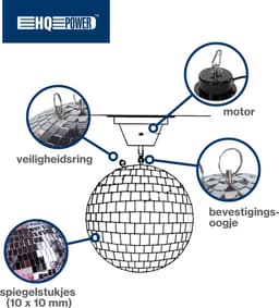 HQ-Power Set met discobal Ø 30 cm + 4W motor, roterende spiegelbol van reflecterend facetglas, 1.8-2.5 tpm, 5 kg draagvermogen, veilig ophangsysteem voor plafondmontage – Ideaal voor grote dansvloeren, evenementen, clubs, en commerciële verlichting — thumbnail 4