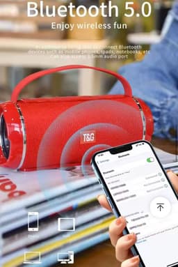 T&G Draagbare Bluetooth 5.3 Speaker – Krachtige Draadloze Outdoor Speaker met Subwoofer, FM-Radio, USB/TF, AUX – IPX5 Waterdicht – Zwart — thumbnail 5