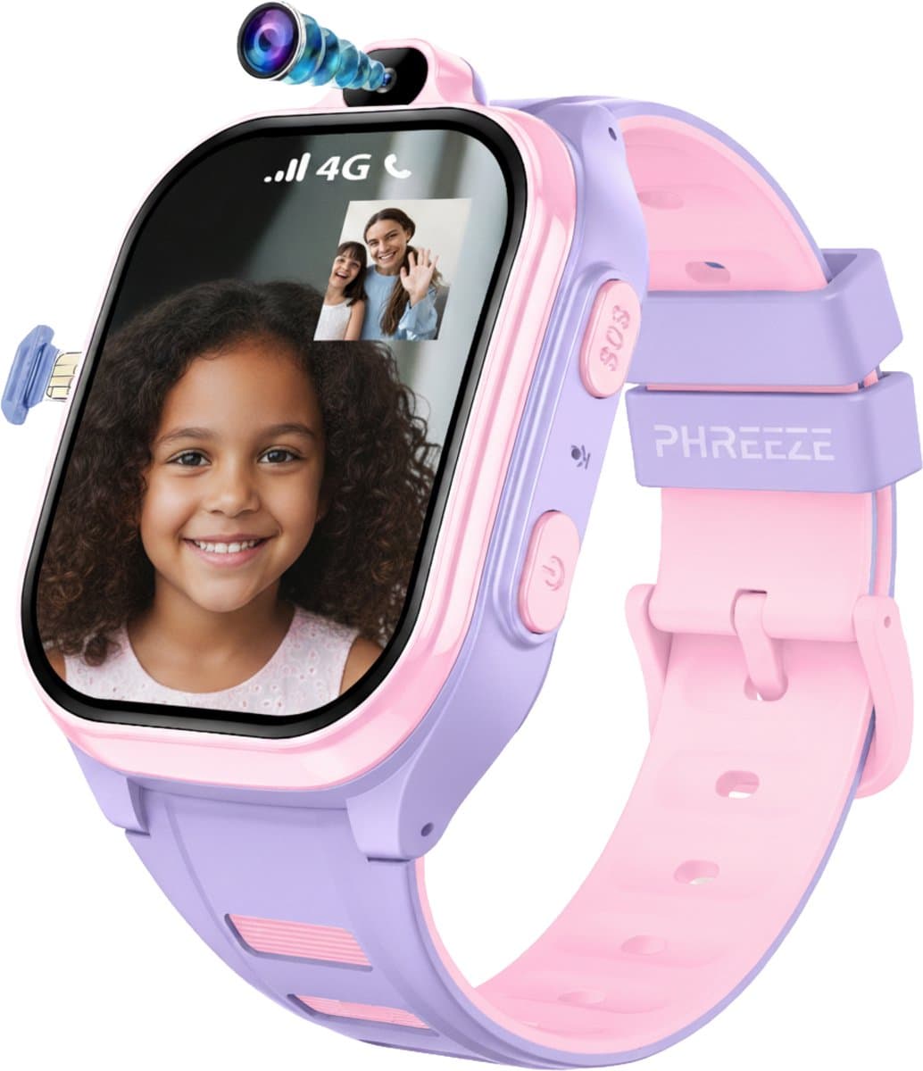 Phreeze Kinderhorloge Meisje - Smartwatch Kids - GPS Horloge Kind - Waterdicht - 4G - Met Simkaart - Belfunctie - Camera - Bellen - Spelletjes - Stappenteller - Alarmen - SOS - Roze & Paars — afbeelding 1