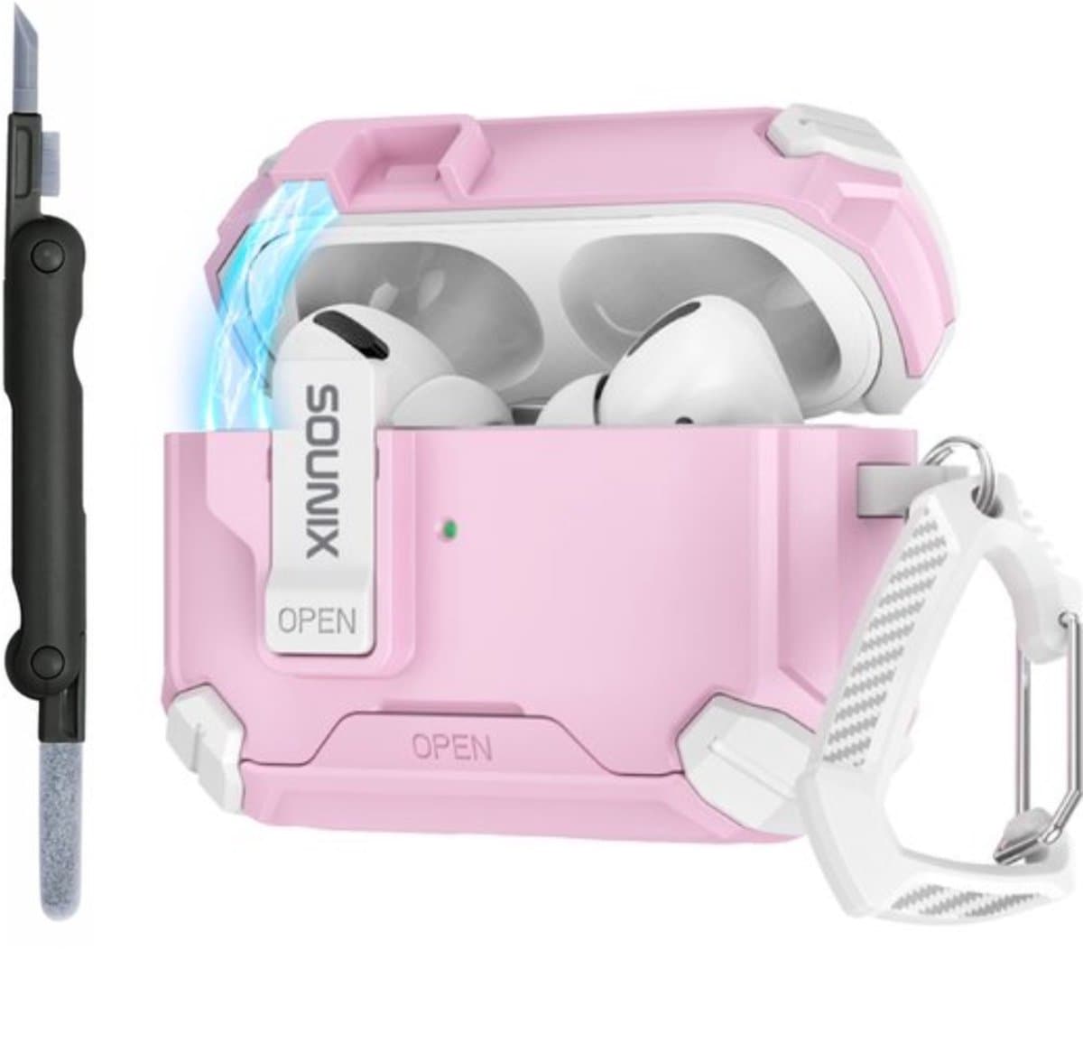 Sounix Hoesje geschikt voor Airpods Pro 1 / 2 - Met schoonmaak borstel - Airpods Pro Hoesje - Armor Case met Lock - Wit /Rose — afbeelding 1
