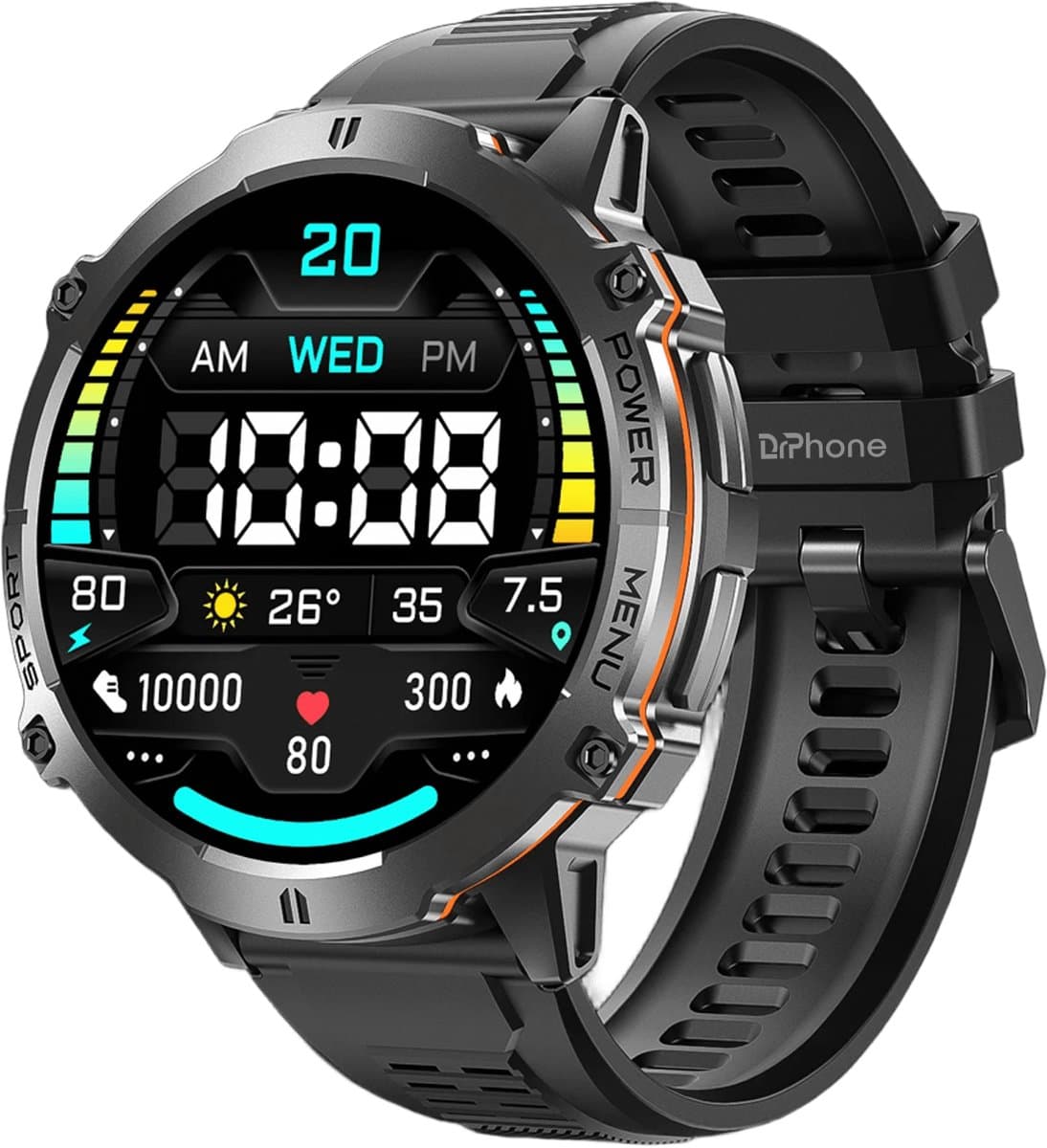 DrPhone ChronaX Max Rugged Smartwatch – 1.73” AMOLED – 100 Dagen Batterij – BT Bellen – SpO2 – GPS Tracking – 100+ Sportmodi – Roestvrij Stalen, PU Leren En Siliconen band - Zwart — afbeelding 1