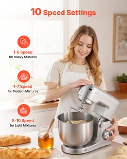 Keukenmachine Staande Mixer - Planetaire Deegmixer - 1500W Vermogen - RVS Kommen 4,2L + 5,7L - 10 Snelheden - Kantelbare Kop - Met Deeghaak, Garde en Klopper — thumbnail 3