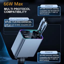 Intrekbare autolader 4-in-1 sigarettenaansteker USB C 66W telefoon snellader adapter met spanningsdisplay geschikt voor iPhone Galaxy Huawei voor 12V 24V Truck Campervan — thumbnail 2