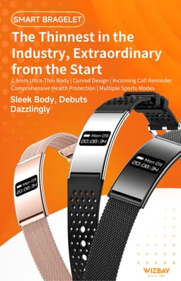 WizBay Premium Select® Smart Bracelet 2026 - Ultradun 2,8 mm - Hartslag en SpO2 - Slaapmonitor - 5ATM Waterdicht - Fitness Tracker - IPS Screen - Android en iOS - RVS Zwart en Gewoven Siliconen Band Zwart — thumbnail 2