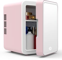 Mini koelkast 4L - Auto koelkast- Voor eten & drinken - Skincare & make-up fridge - Spiegel en LED-verlichting - USB - Roze — thumbnail 1