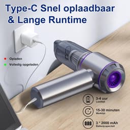 SNJY® Auto Stofzuiger - Kruimeldief - Handstofzuiger - Kruimelzuiger - 6 Opzetstukken - Zuigen en Blazen - 120 W - Grijs/Paars — thumbnail 2