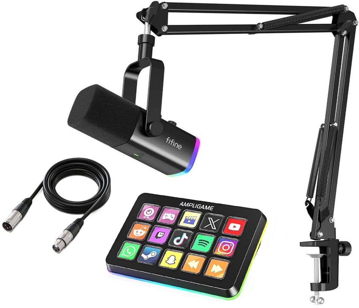 FIFINE Streaming Pack - AM8T + D6 + XLR - Complete Streaming & Podcast Set - 15 LCD Toetsen - PC, PS4, PS5, Mac - Gaming, Streaming & Content Creatie - Zwart — afbeelding 1