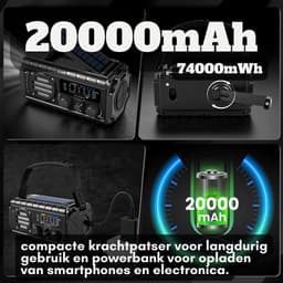 RAWVOLT® - NIEUW - Noodradio SW20K - 20000mAh Li-ion Accu - Solar Opwindbaar - Powerbank, Zaklamp, SOS Alarm & Leeslamp - 2026 model voor indoor, outdoor en in noodpakket - incl. Multi-Function Survival Armband - Cosmos Black — thumbnail 2