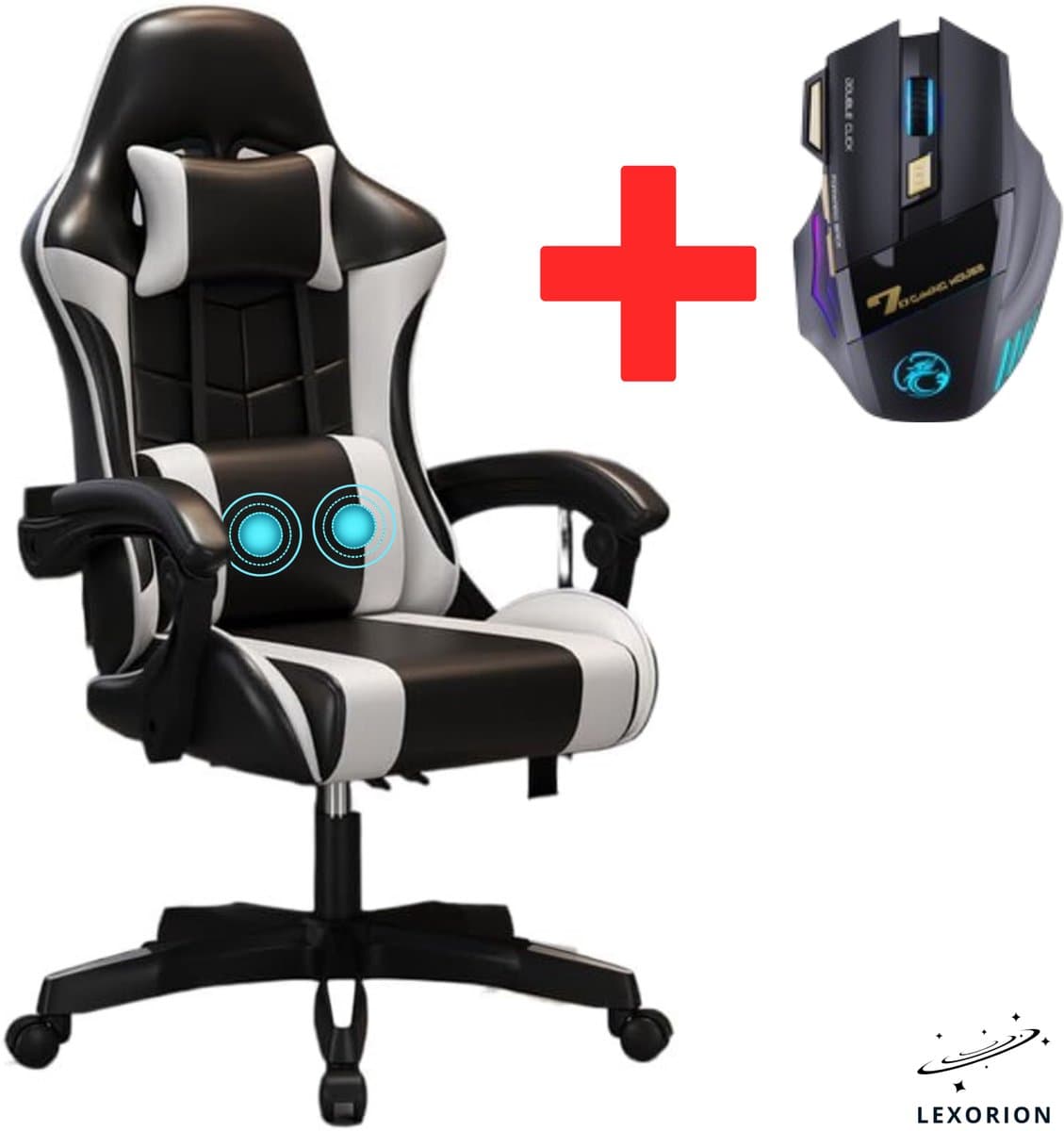Lexorion Gaming Stoel – Ergonomische Gaming Chair – Inclusief Gratis RGB Gamingmuis Cadeau – Verstelbaar – Lederen Gamestoel – 136 kg – Wit– Bureaustoel — afbeelding 1