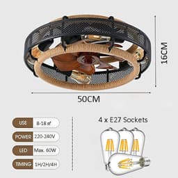 Retro Plafondventilatorlamp - Vintage Kooi Plafondventilator - E27 - Dimbaar - 50 cm - 6 Standen - Keuken Lamp - Woonkamerlamp - Moderne lamp — thumbnail 5