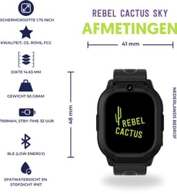 Rebel Cactus SKY (Zwart) - kindersmartwatch - GPS tracker - Whatsapp - (video) bellen - SOS/Geofence - Groot display 1.75" - Gratis OuderApp - Batterij: 32uur - Alle wereldtalen - Geen internet en geen socials - Wel apps - Uit tijdens school - Wifi — thumbnail 3