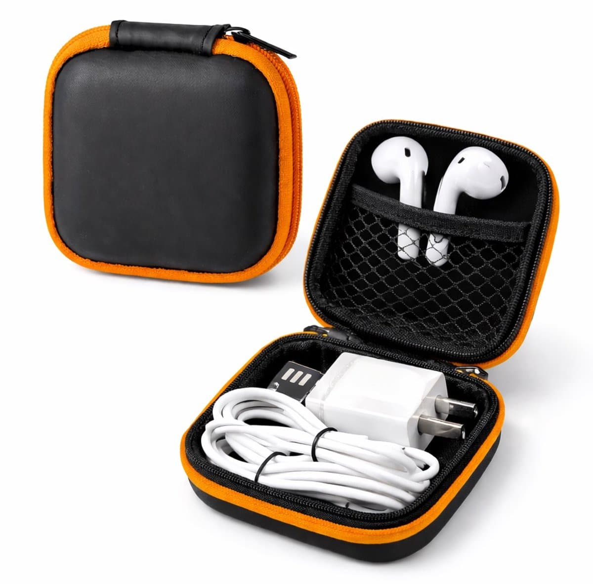 Oortjes Opberg Hoesje Voor Earphnes I Case Voor In-ear koptelefoon I Oortyejs Case | Headphone Organizer | Opbergcase Laadkabels I Zwart/Oranje — afbeelding 1