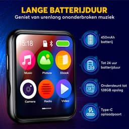 BOSWELL MP3 Speler - MP4 Speler - Bluetooth - Touchscreen - Voice Recorder - FM Radio - Dictafoon - Ondersteuning tot 128GB - Incl. Oortjes — thumbnail 4