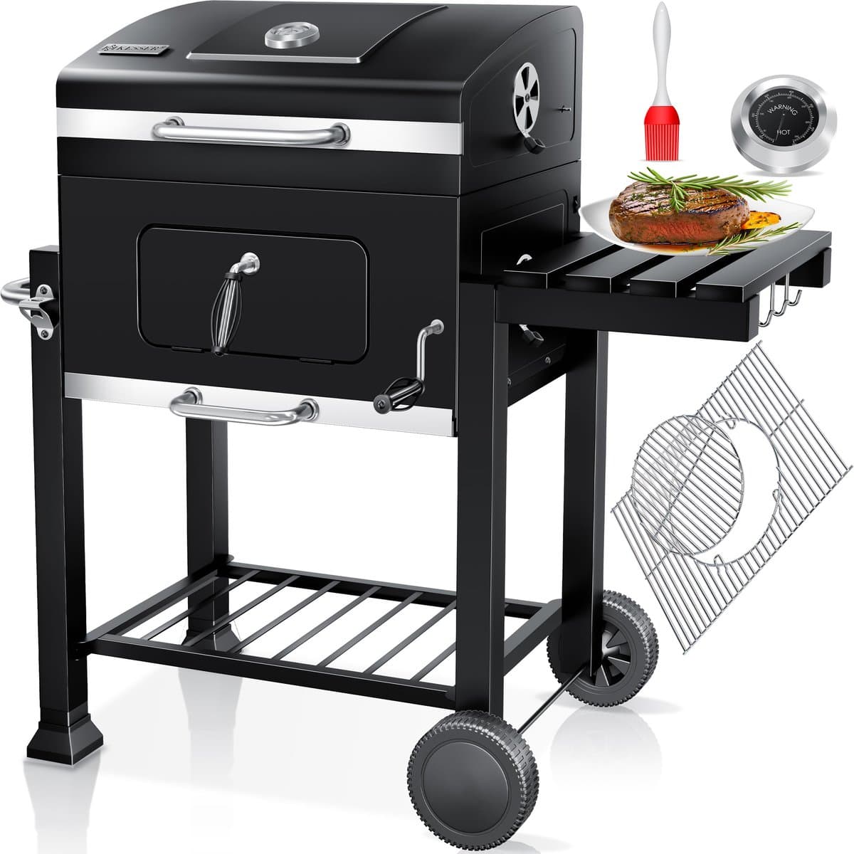 KESSER® Houtskoolbarbecue XL Barbeque Houtskool met Deksel, Wielen, Roestvrij Stalen Handvat, Barbecuerooster en Thermometer, 8 Spiesen met Zakje & siliconen Borstel, grote BBQ Camping Terras Tuin — afbeelding 1