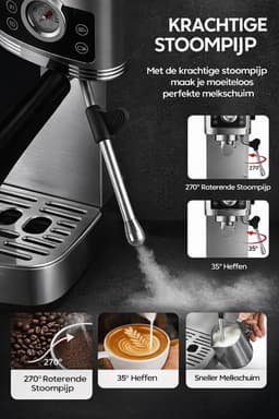 Espressomachine 20 Bar met Melkopschuimer – RVS Espresso Filtermachine – Italiaanse Ulka-pomp – Touchscreen met Drukweergave – 1350 W – 1,3 L – Voor Espresso, Cappuccino & Latte — thumbnail 3