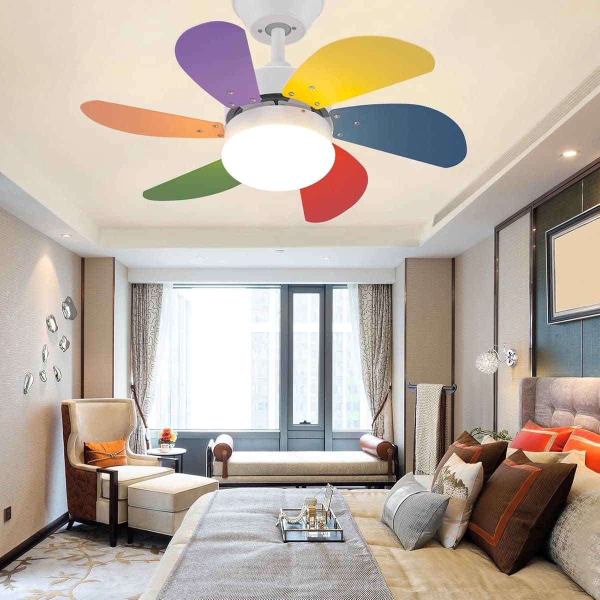 Glitzerlife– plafond ventilator met verlichting – Ventilator lamp plafond – stille plafondventilator - stil met afstandsbediening en timer – Ø75 cm – gekleurd – plafondlamp met ventilator voor woonkamer en slaapkamer — afbeelding 1