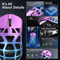 ATTACK SHARK R3 - Draadloze Gaming Muis - Magnesium Alloy - PAW3395 - Ultralichte(46g)- Wired/2.4G/BT5.1 - 26000DPI - Paarse gradiënt — thumbnail 2