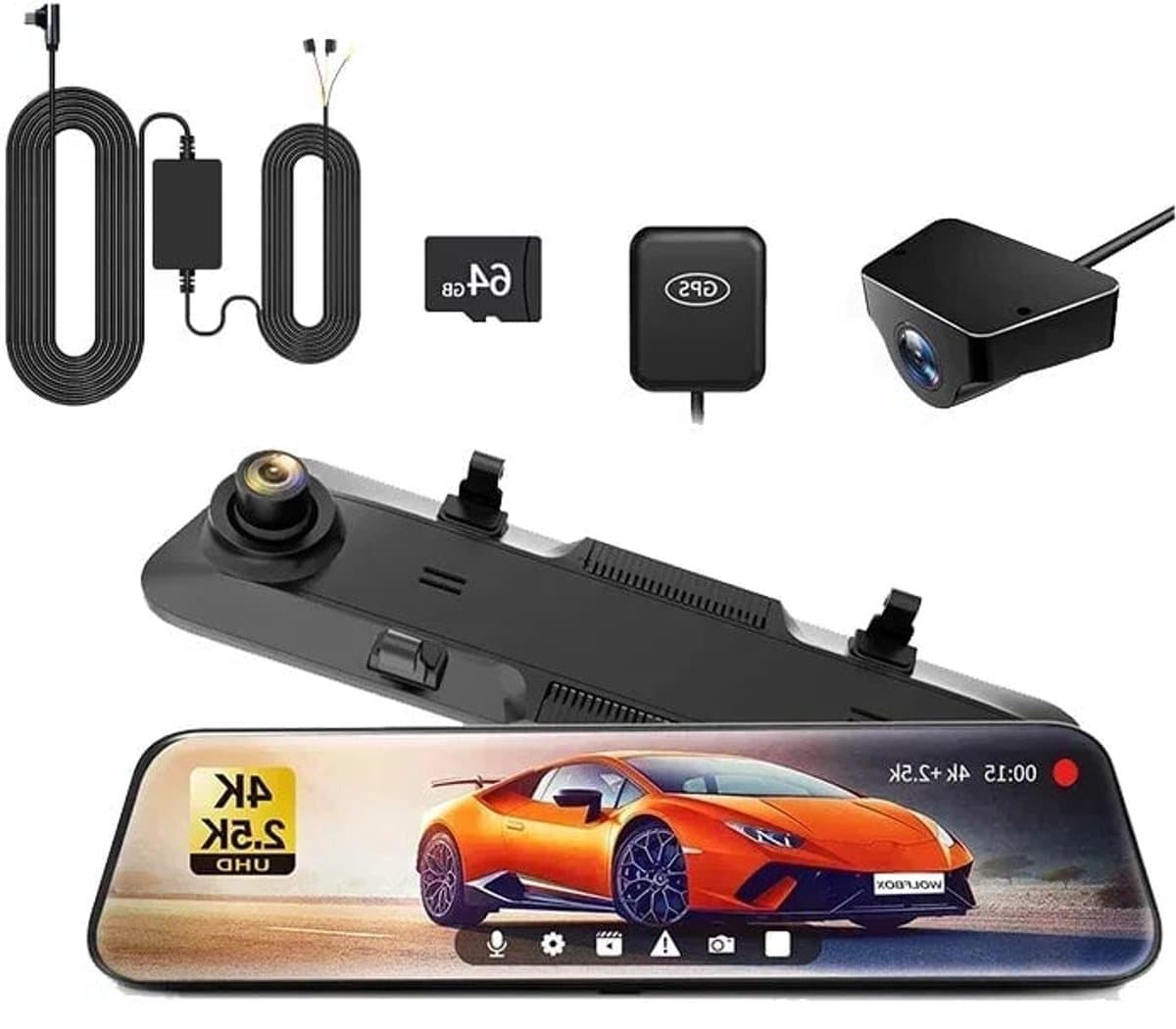 Dashcam Spiegel - Dashcam voor Auto – 12" - Touchscreen – 2.5K Achtercamera – GPS – Nachtzicht – Parkeermodus – WDR – 170° Groothoek - Hardwire-kit — afbeelding 1