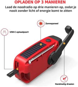 AFINTEK Noodradio Solar - 2000mAh Powerbank - LED Zaklamp - Opwindbaar via Handcrank & Zonne-energie - AM/FM - Voor Noodpakket & Camping - Rood — thumbnail 4