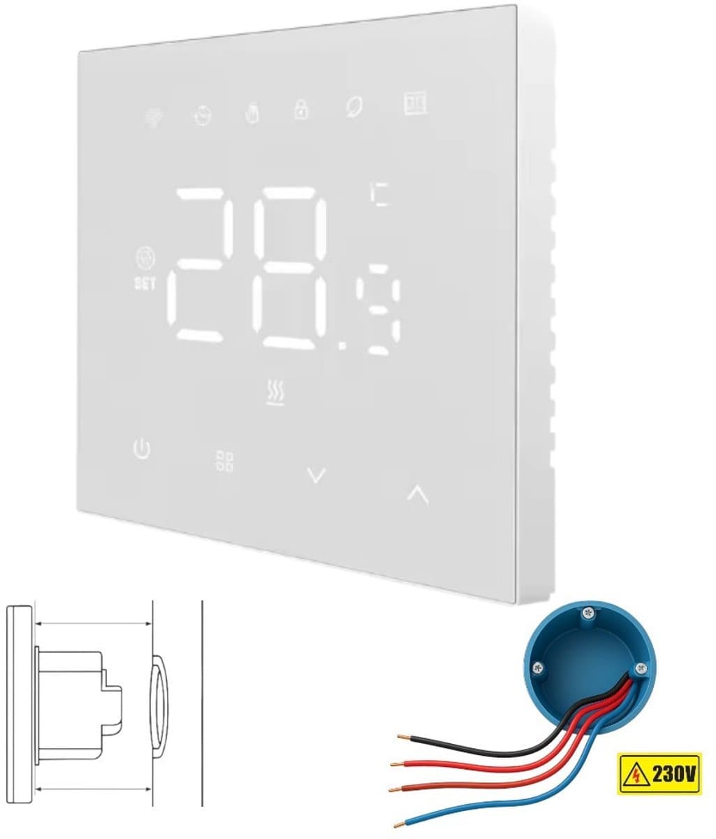 Thermostaat | Inbouw touchscreen | Tuya Smart Life | 4-draads 230V | Wit — afbeelding 1
