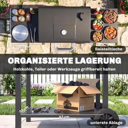 Premie Houtskool Barbecue - Smoker Barbecue - Barbecuegrill - Grillwagen - Houtskoolgrill met 2 Bijzettafels, Groot Grilloppervlak, Deksel, Thermometer, Planken - Verplaatsbaar - BBQ voor buiten, tuin - Zwart — thumbnail 3