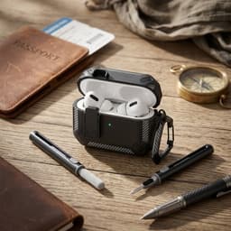Zwart robuust hoesje voor oordopjes met carbon look geschikt voor AirPods Pro 3 inclusief schoonmaakset en karabijnhaak – schokbestendig en duurzaam — thumbnail 3