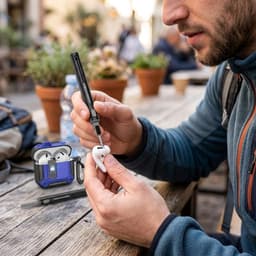 Blauw robuust hoesje voor oordopjes met carbon look geschikt voor AirPods 4 inclusief schoonmaakset en karabijnhaak – schokbestendig en duurzaam — thumbnail 5