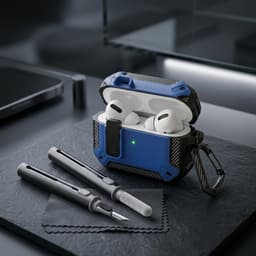 Blauw robuust hoesje voor oordopjes met carbon look geschikt voor AirPods Pro 3 inclusief schoonmaakset en karabijnhaak – schokbestendig en duurzaam — thumbnail 2