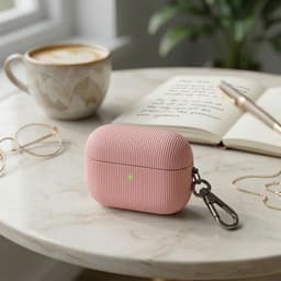 Luxe geribd hoesje voor oordopjes – Vertical Stripe design met sleutelhaak, geschikt voor AirPods 4 (Roze) — thumbnail 2
