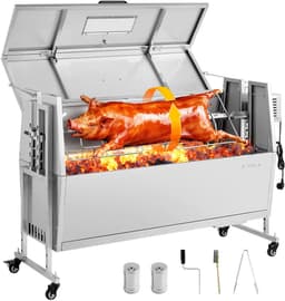 VEVOR Rotisserie Grill 38W Speenvarken Grill Lam Grill Houtskool Grill (1168,4 mm Grilllengte) met 60 Kg Draagvermogen & Wielen & 4-Voudige Hoogteverstelling & Deksel, Roestvrijstalen Elektrische Grillset Voor Kamperen — thumbnail 1