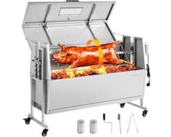 VEVOR Rotisserie Grill 38W Speenvarken Grill Lam Grill Houtskool Grill (1168,4 mm Grilllengte) met 60 Kg Draagvermogen & Wielen & 4-Voudige Hoogteverstelling & Deksel, Roestvrijstalen Elektrische Grillset Voor Kamperen