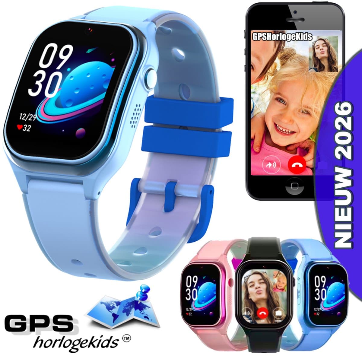 GPSHorlogeKids© - smartwatch kinderen - GPS horloge kind - kleinste model 2026 - kinder smartwatch - 4G videobellen - SOS alarm – veilige zone - klasse tijd - alarm - spatwaterdicht - hartslag - incl. SIM - CURVE blauw — afbeelding 1