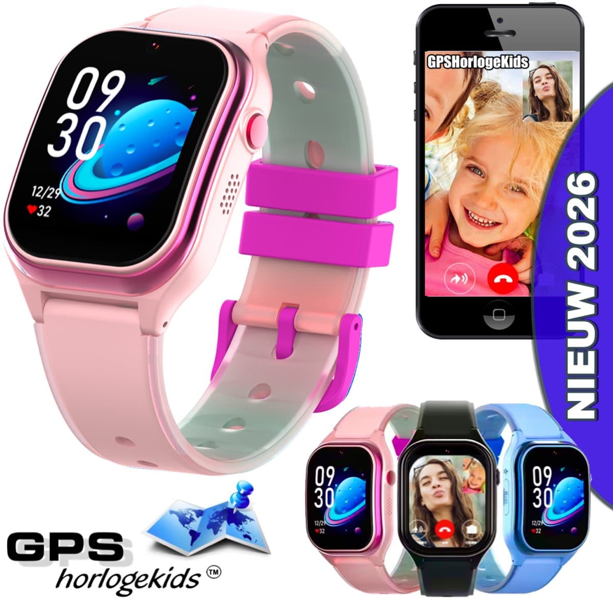 GPSHorlogeKids© - smartwatch kinderen - GPS horloge kind - kleinste model 2026 - kinder smartwatch - 4G videobellen - SOS alarm – veilige zone - klasse tijd - alarm - spatwaterdicht - hartslag - incl. SIM - CURVE roze — afbeelding 1